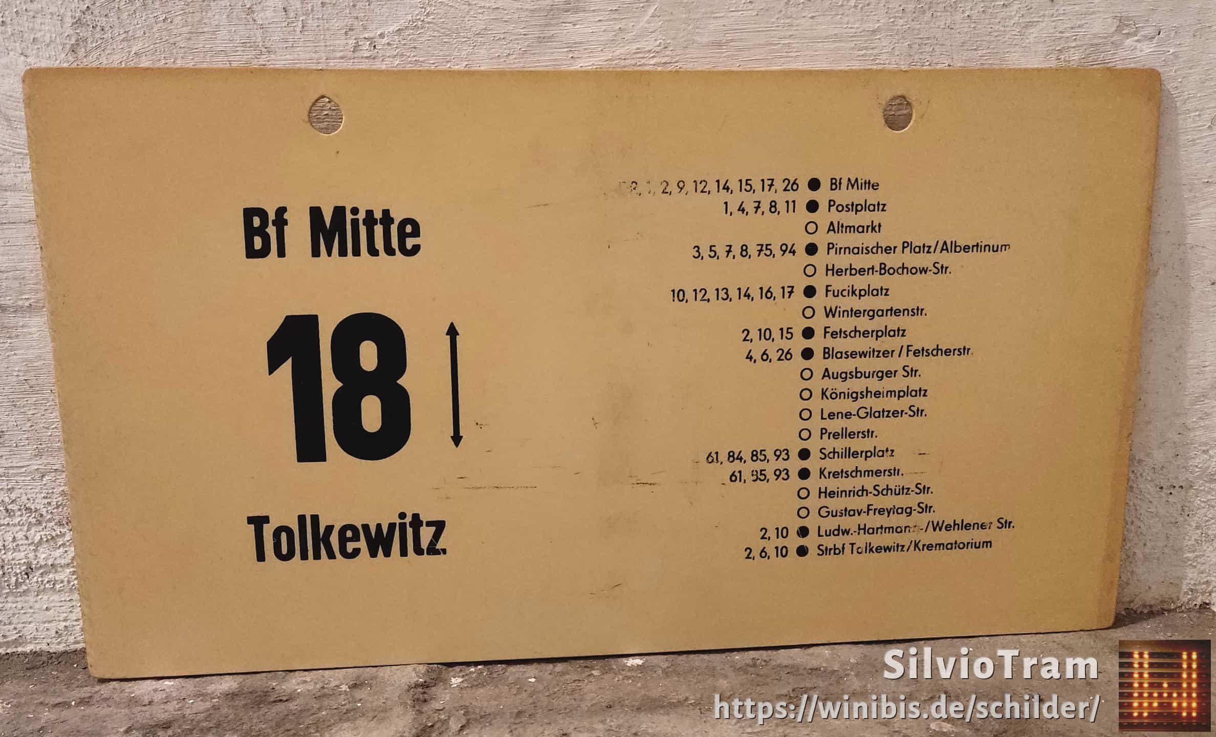Ein seltenes Straßenbahn-Linienschild aus Dresden der Linie 18 von Bf Mitte nach Tolkewitz #4
